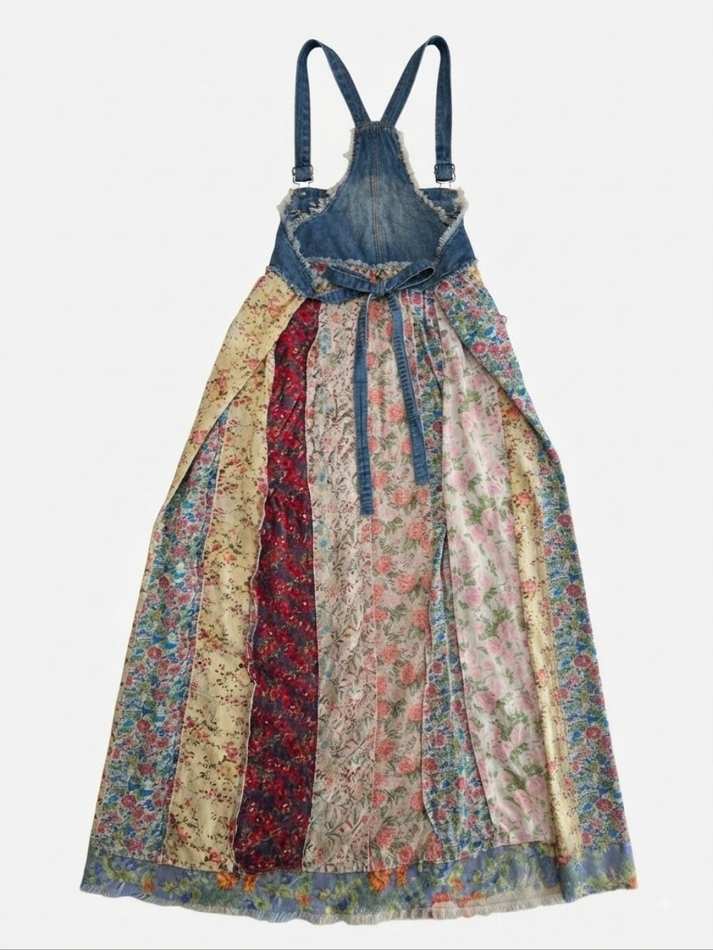 Patchwork Floral Maxi Skirt with Denim Bib - Multicolor - Picture 5 of 12
